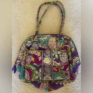 Vera Bradley Turn Lock Satchel bag with a purple and green paisley print.